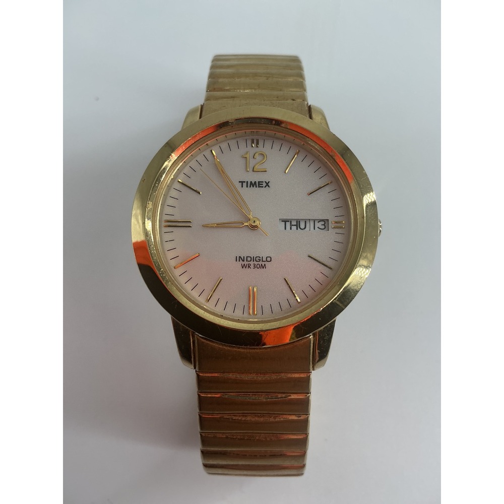 Timex Indiglo Mens Gold Tone Day Date Expansion Band Watch WR 30M CR 2016 U3